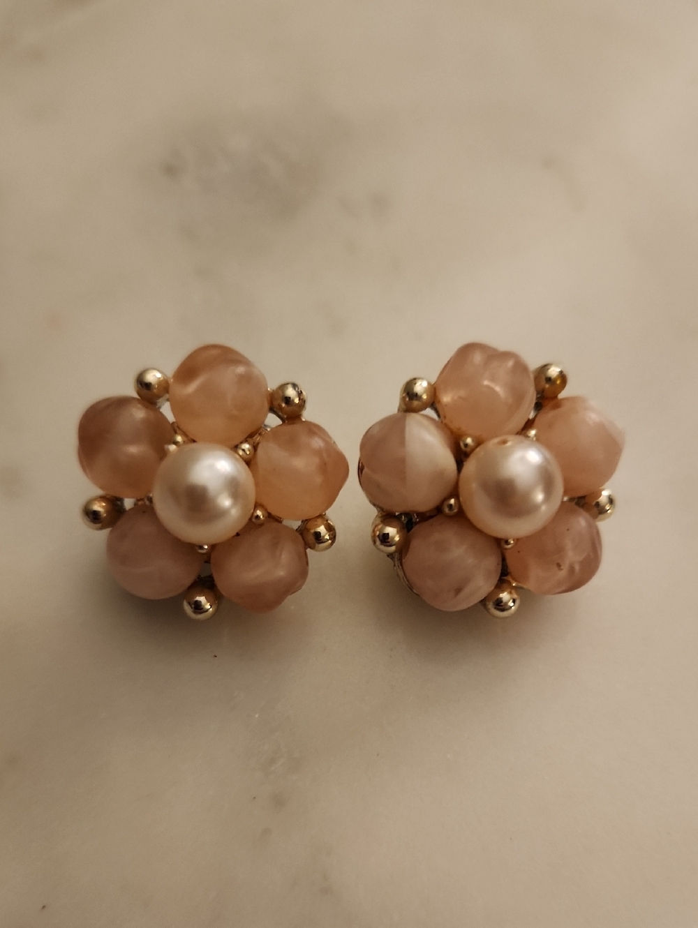 Vintage Gold Tone, Pearl & Blush Pink Bead Flower Earrings